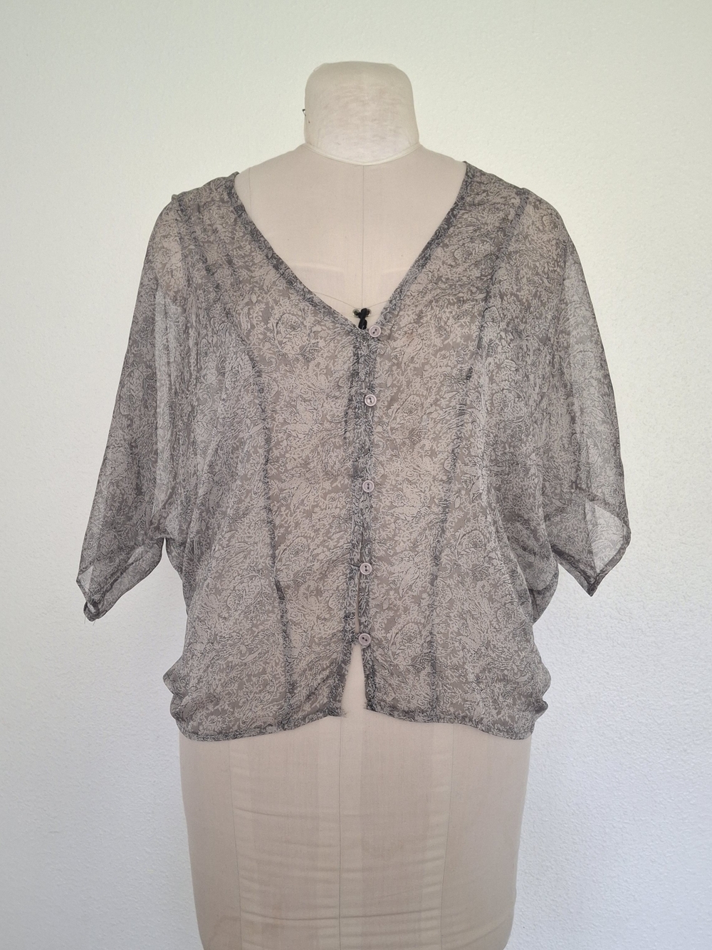 Robin K Sheer Paisley Button-Front Blouse in Light Gray